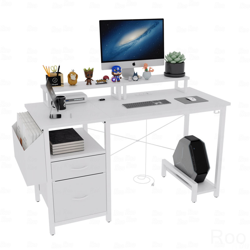 Bureau de 47,3 po avec prise de courant, 2 supports pour écran, 2 tiroirs, poche latérale, facile à assembler, stabilité du cadre réversible, à utiliser pour le bureau à domicile