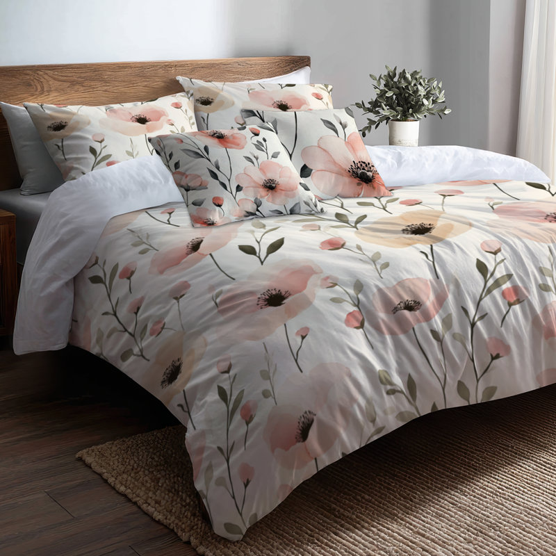 Ensemble de literie pour fille 5 pièces - Ensemble de housse de couette et coussin décoratif Serene Blush Fields