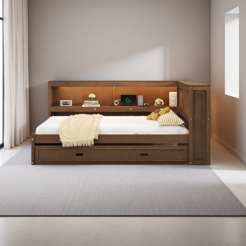 Lit de jour en bois pleine grandeur avec tablettes de rangement, USB, DEL et lit gigogne, Bois antique