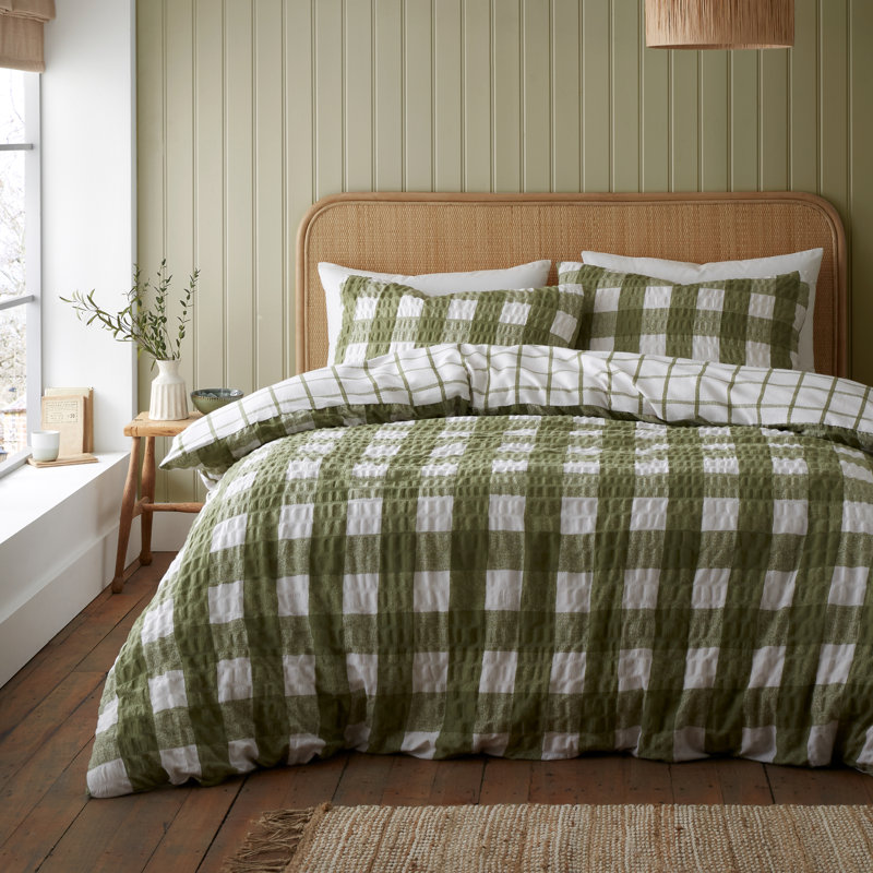 Brushed Seersucker Gingham Reversible Duvet Cover Set, Green, Twin Duvet Cover + 1 Standard Pillowcase