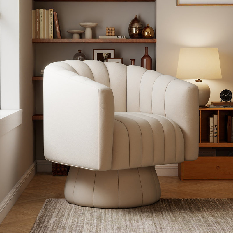 Swivel Accent Chair, Mid Century 360 Degree Barrel Chair with Armrest, Overstuffed Tufted Velvet, Beige, Beige