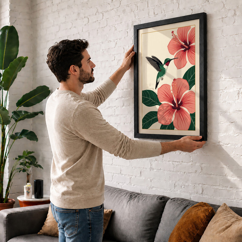 Hummingbird and Hibiscus Botanical - Framed Print, Black, A3 - 42.0 x 29.7 cm