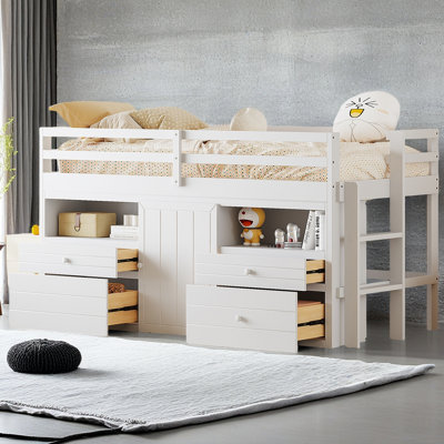 Lit mezzanine simple avec 4 tiroirs, sous l'armoire et les tablettes