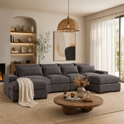 Tatman Linen Blend Sectional With 2 Ottomans