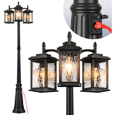 Outdoor Lamp Post Light with Outlet, Waterproof Dusk to Dawn Lamp Posts Outdoor Lighting 3-Head
