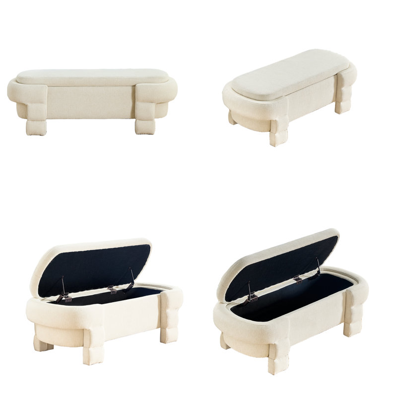 Banc de rangement ovale de 124 cm avec siège, banc à chaussures incurvé moderne et coffre à jouets pour l'entrée et le salon, beige