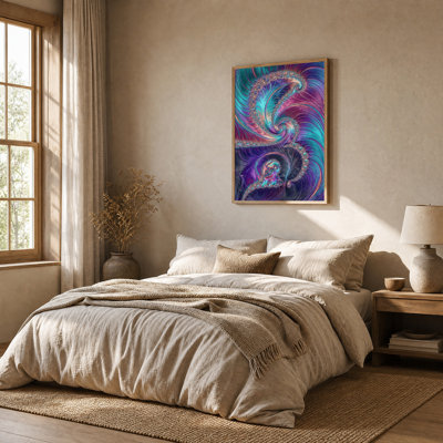 Toile murale abstraite en spirale fractale turquoise et violette