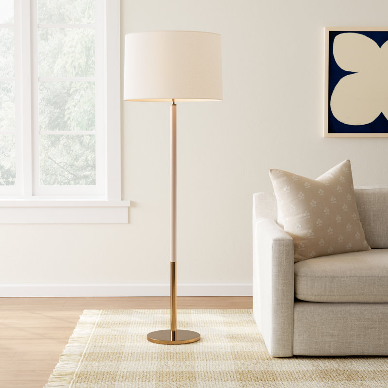 Burnished Brass and White Linen Dimmable Floor Lamp