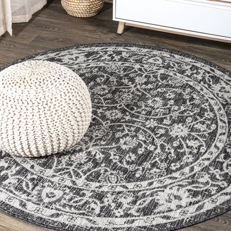 Markwart Vine and Border Textured Weave Black/Gray Indoor/Outdoor Rug, Round 5'3"