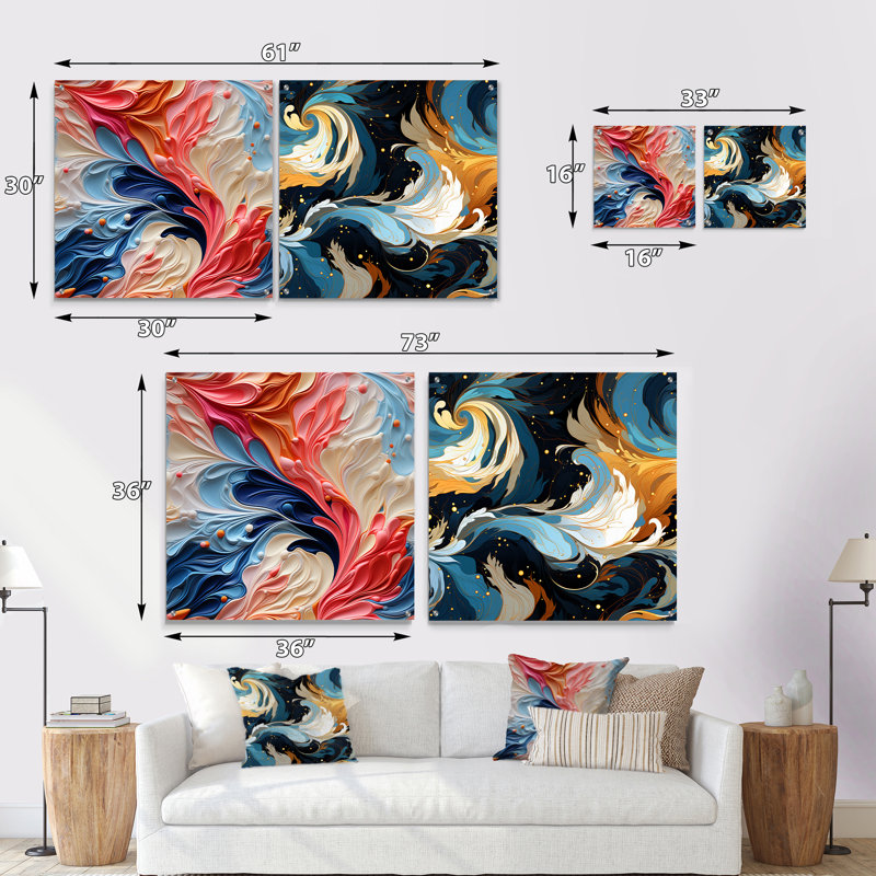 «Colorful Artistic Expression Marble Swirls» - ensemble de 2 verres muraux abstraits en acrylique, H 16 po x l 33 po