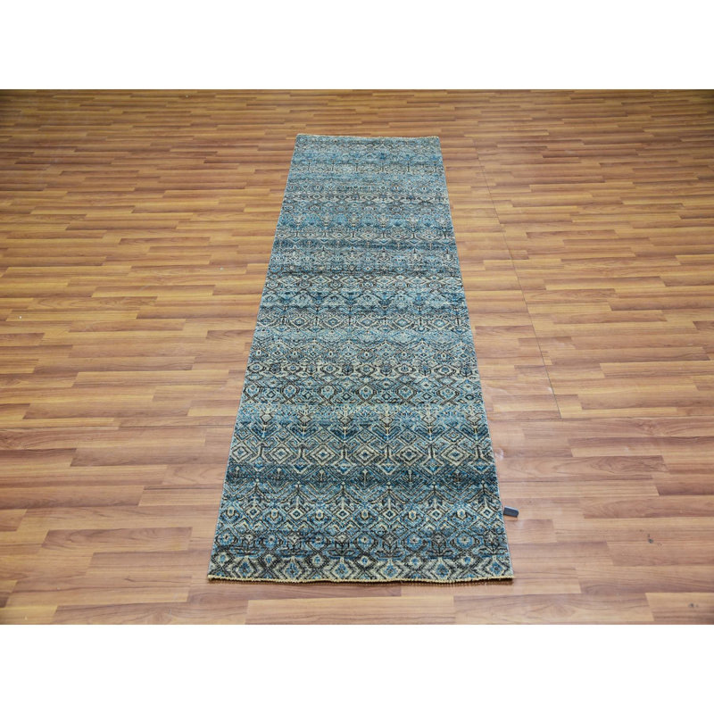 Tapis de couloir bleu en laine noué à la main 2 pi 6 po x 8 pi 0 po Kohita