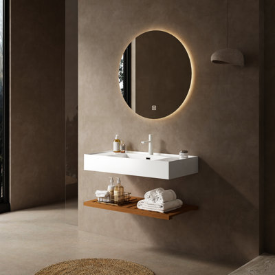 Meuble-lavabo de salle de bain avec lavabo vasque - 36 po. Bassin flottant en acrylique blanc, tablettes en noyer foncé, espace de rangement pratique et minimaliste