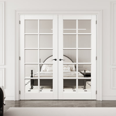 Porte française intérieure en verre clair 64 po x 80 po 10-Lite avec quincaillerie noire et loquet et levier de porte, plaque de porte en verre trempé avec sécurité, pouvant être peinte et imperméable, combinaison pour la lessive, portes de placard, portes de pièce, assemblage requis