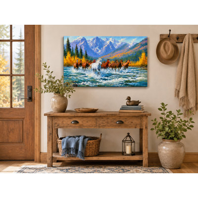 Art mural sur toile Mountain River Horses, H 24 po x l 36 po x P 1,5 po