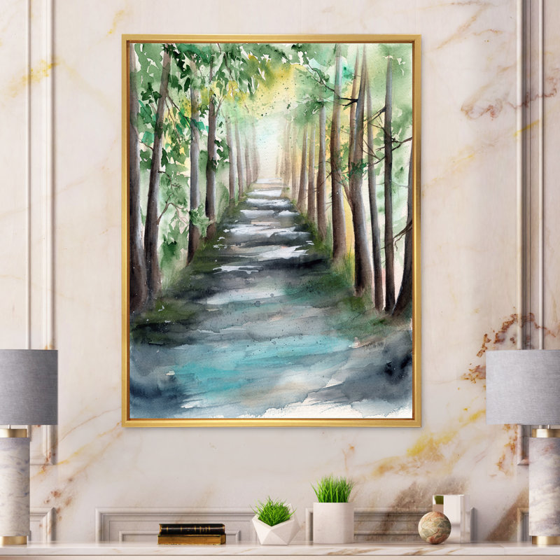 «A Sunlit Forest Alley with Tree Shadows I», peinture sur toile, H 32 po x l 16 po x P 1 po, Cadre flottant doré
