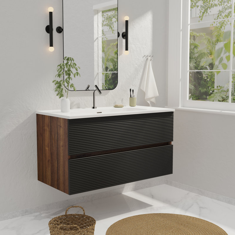 Meuble-lavabo simple 36 po avec plateau pré-assemblé, Noyer / noir doux