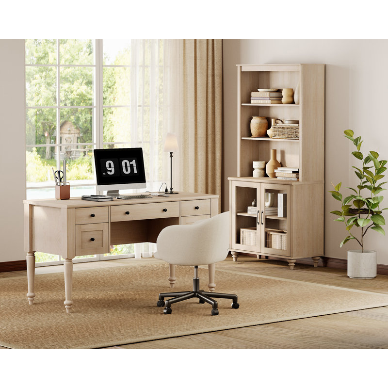 Ensemble de bureau 2 pièces, bureau double 56 "et bibliothèque avec portes en verre, beige, Beige