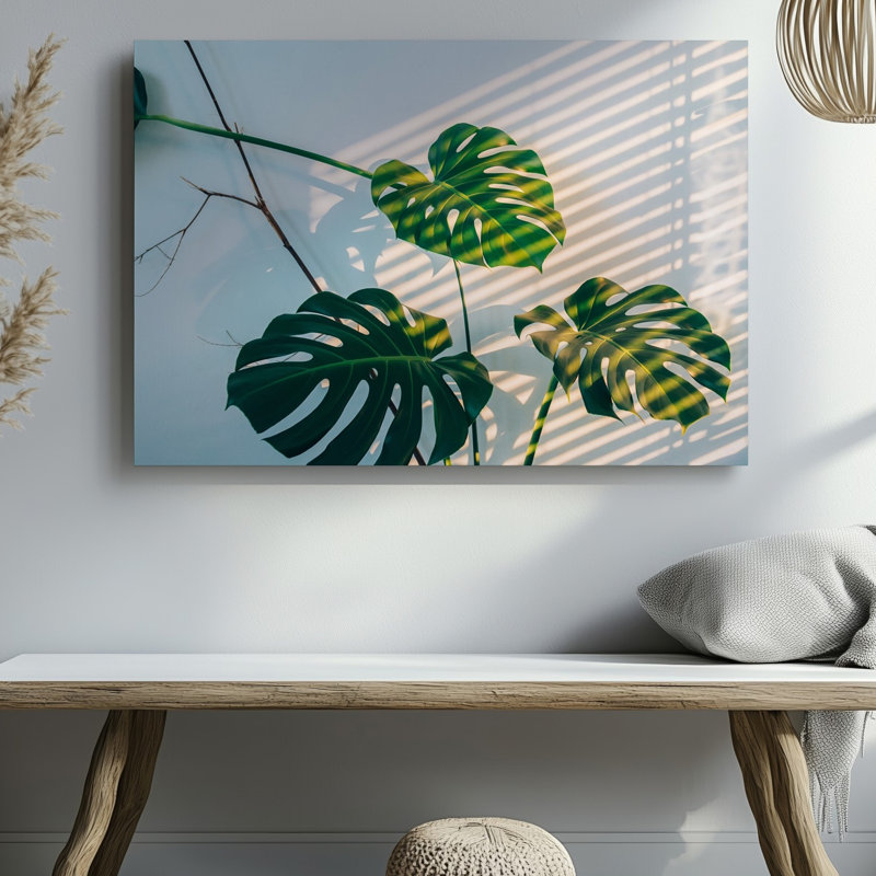 Toile, "Gros plan sur trois feuilles de Monstera vertes vibrantes", art mettant en valeur leurs formes distinctes divisées et perforées