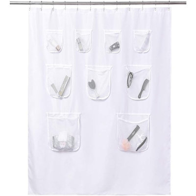 Extra-Long Fabric Shower Curtain or Liner with Mesh Storage Pockets – White, Water Repellent, Odorless, Washable, Rust-Proof Grommets