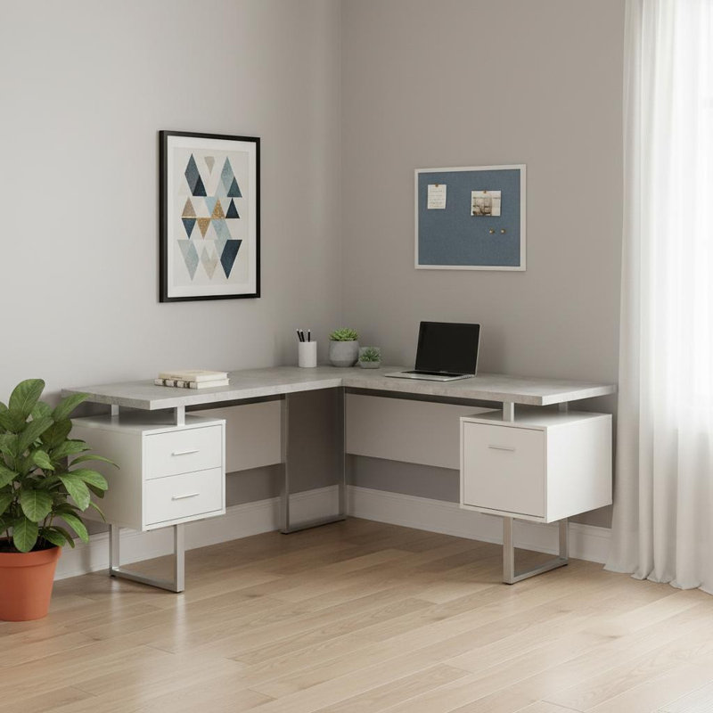 Bureau d'ordinateur en L 71 po à trois tiroirs gris et argent