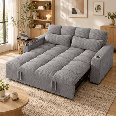 65'' Corduroy Convertible Sofa Bed, Pull-Out Loveseat Couch with Side Table, USB Charging Ports & Storage Pocket, Modern Sleeper Sofa