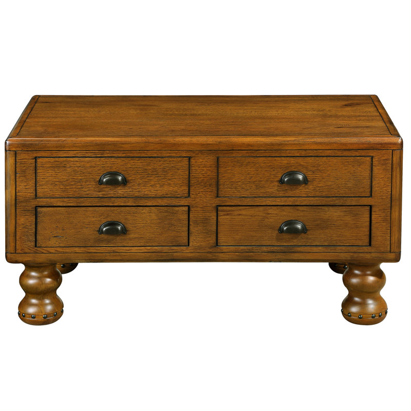 Table basse rectangulaire en bois massif pour le salon, table basse antique de 40 pouces à 4 tiroirs, table basse en bois avec pieds décoratifs à rivets, assemblage facile