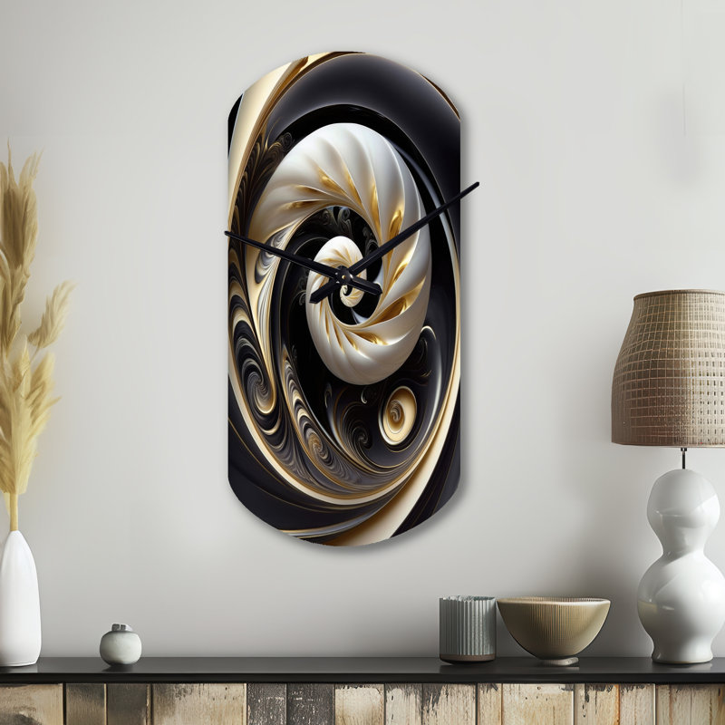 Horloge murale cylindrique en métal doré, noir et blanc, Grand