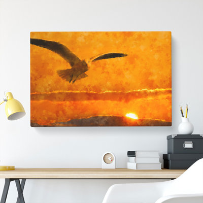 Seagull and Orange Sunset - Wrapped Canvas
