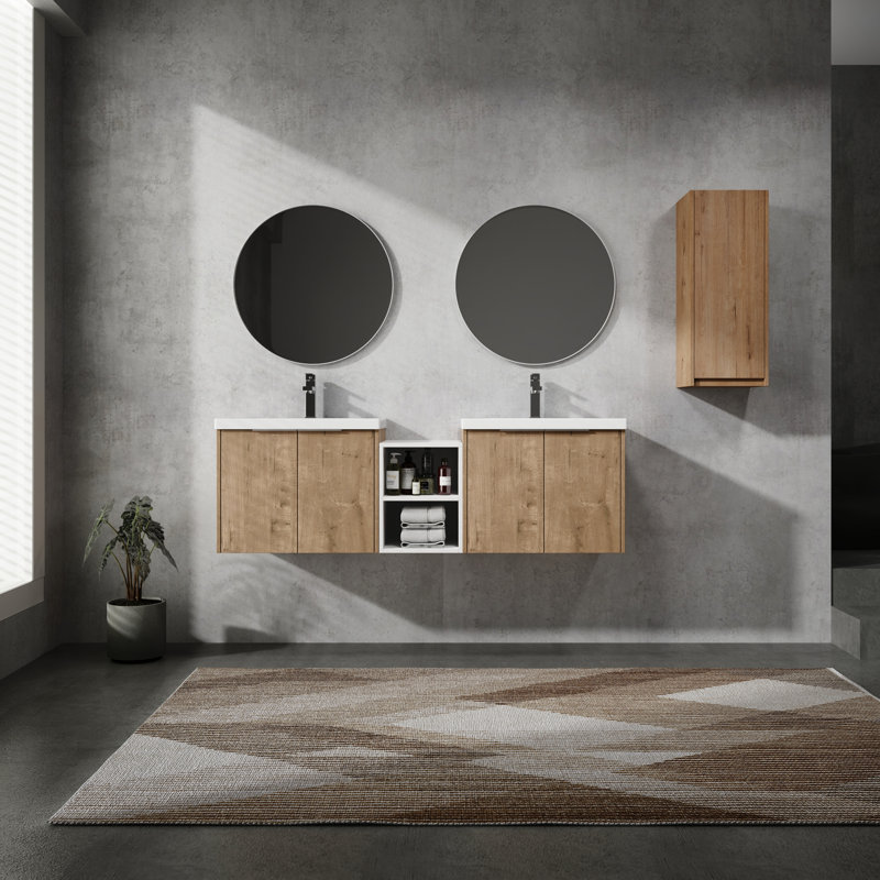 Armoire de salle de bain avec lavabo et rangement latéral. Moderne chic, caractéristique. Contreplaqué, preuve. Meuble-lavabo imitation chêne 60 po. Style, silencieux. Options de rangement robustes et abondantes. Teinte