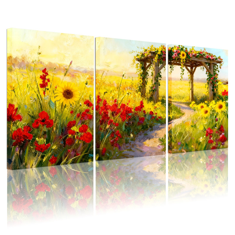 Assortiment de bouquets de fleurs, chemin de jardin floral, lumière du soleil, arche, ensemble de 3 impressions sur toile