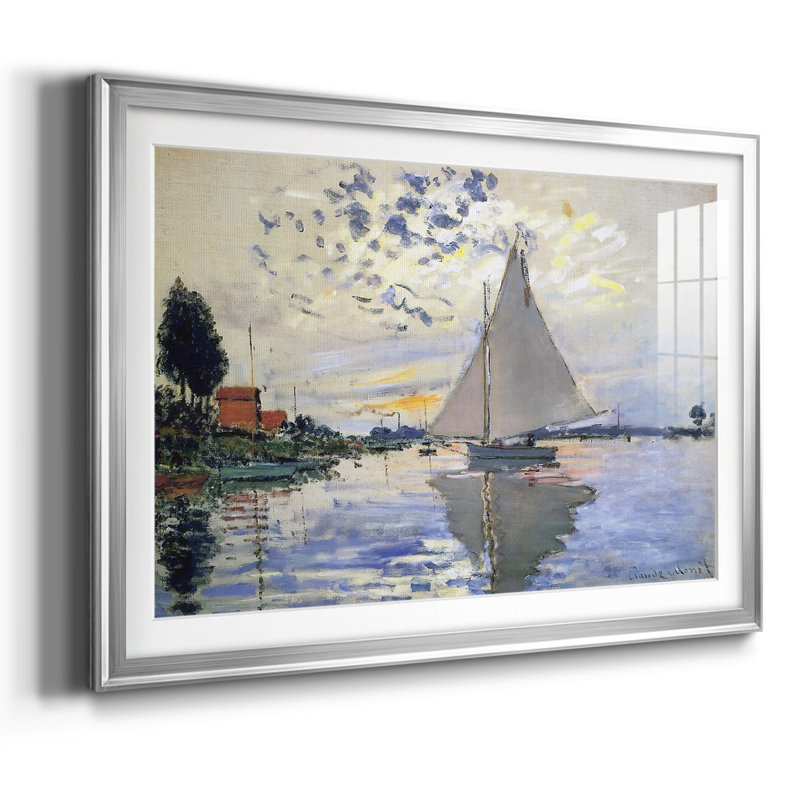 Voilier au petit encadré sur papier, Argent, H 19 po x l 27 po x P 1,5 po