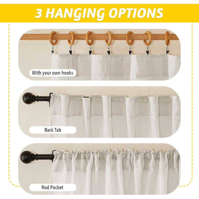 Sheer Linen Curtains for Living Room, Rod Pocket & Back Tab Semi Sheer Drapes Privacy Semitransparent Faux Flax Open Linen Panels for Study Room