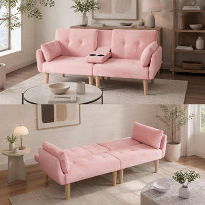 Canapé double pliable rose de 72 pouces, revêtement en velours doux, canapé confortable pour 2 personnes