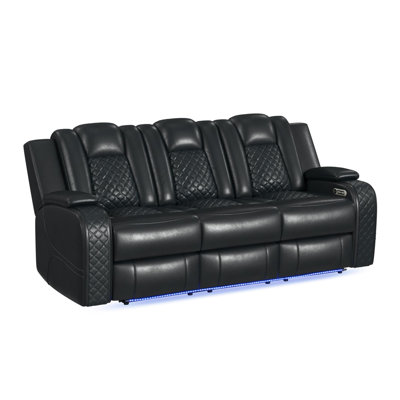 Ivy Bronx Odelina Power Motion Sofa - Power Headrest, Table & LED in Pebble Black