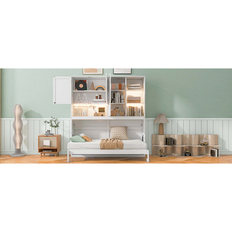 Lit escamotable mural simple avec armoire supérieure, tablettes, lit pliable peu encombrant avec lumière et USB, Blanc
