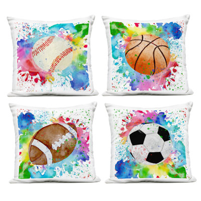 Ensemble de 4 coussins Modern Sports Balls Splash Design par Kim Allen