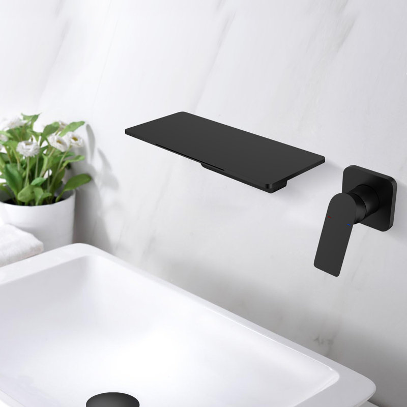 Robinet de salle de bain mural à poignée simple avec drain, Noir mat