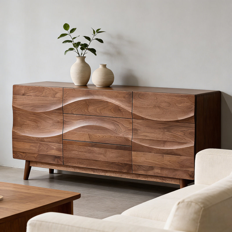 Buffet en bois de noyer moderne et minimaliste moderne | Rangement spacieux Wave Design, H 31,5 po x l 47,24 po x P 17,72 po