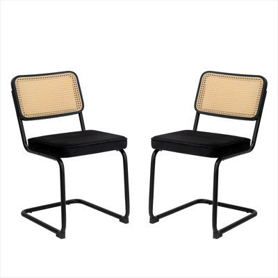 Ensemble de 4 chaises d'appoint en velours avec structure chromée et dossier en rotin, noir classique, empilable, L 20,9 po x l 17,5 po x H 33,1 po
