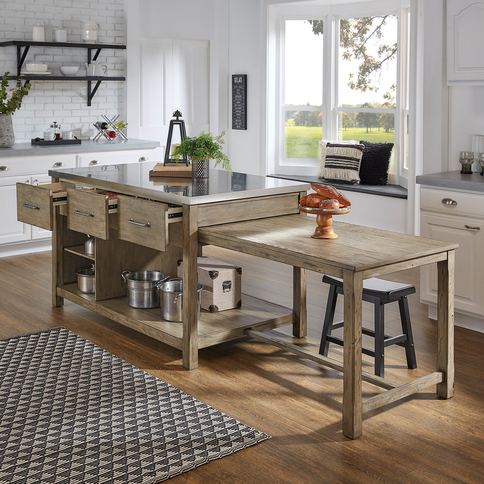 Tinka 3-Drawer Rectangle Pine Kitchen Island , Stainless Steel, Gray