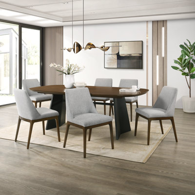 7-Piece Dining Table Set, Seats 6, 82.7" Oak Table with Black X-Shape Metal Legs & 6 Grey Curved-Back Chairs