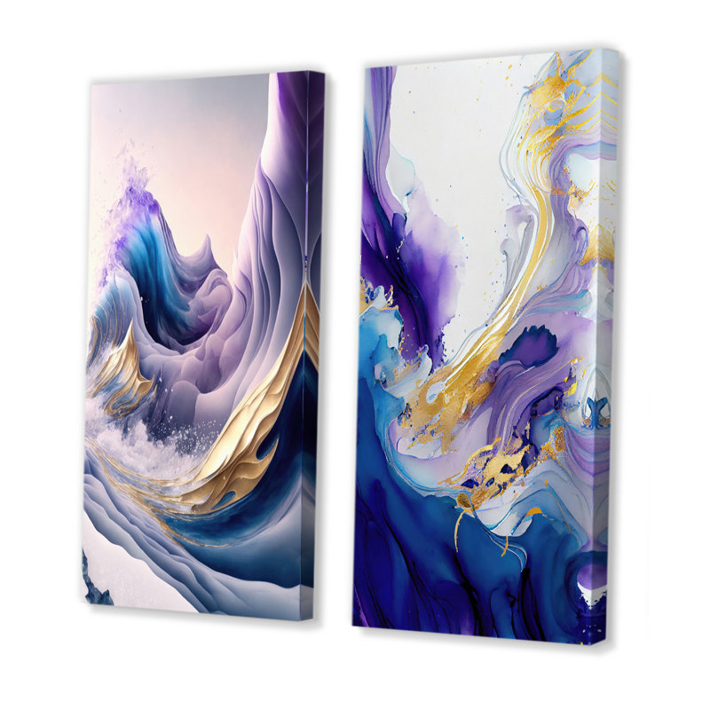 «Blue, Gold and Purple Splash Paint IV», 2 pièces sur toile, Toile tendue, H 32 po x l 32 po
