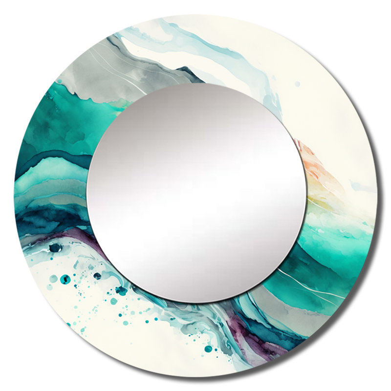 Celebrations In Turquoise Shades Of Blue II - miroir décoratif à encre liquide, grand miroir mural rond moderne, impression d'art en métal