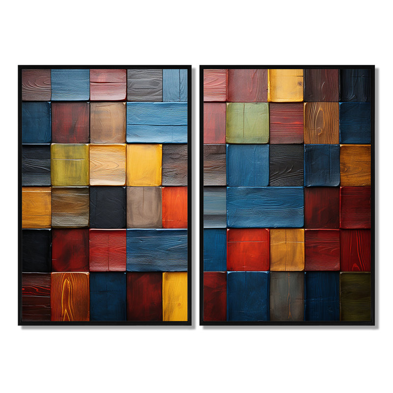 «Colorful Colorful Earth Tiles V», art mural mosaïque géométrique Boho, 36" H x 48" W, Impression encadrée flottante, Black