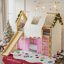 Lit mezzanine pleine grandeur avec rebords et tentes, lit mezzanine en bois massif avec échelles et glissade, design chic avec lumières, aucun sommier nécessaire, naturel + rose-1336310696-1336310695