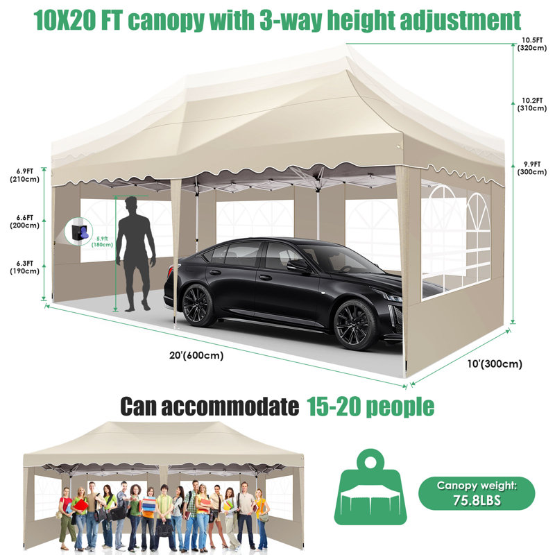 20' x 10' Waterproof Pop Up Canopy with Sidewalls, Khaki