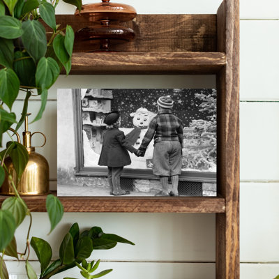 1930S Back View Boy And Girl Holding Hands Looking At Decorated Christmas Window Classic Retro Vintage Urban Winter Wall Art