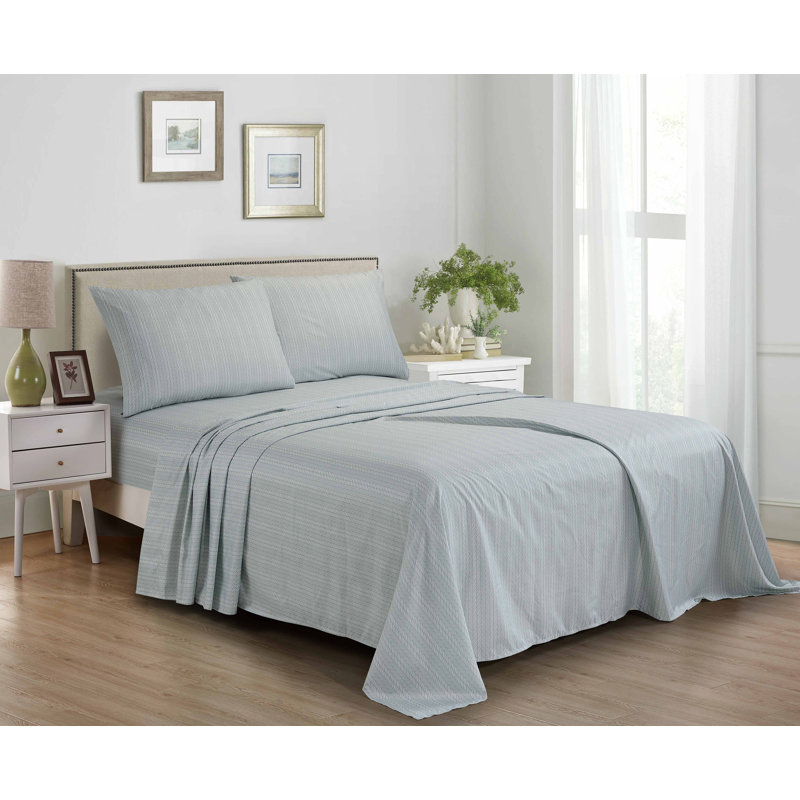 Swift Home 4 Piece Printed Microfibre Sheet Set, Blue Chevron, Queen Sheet Set with 2 Pillowcases