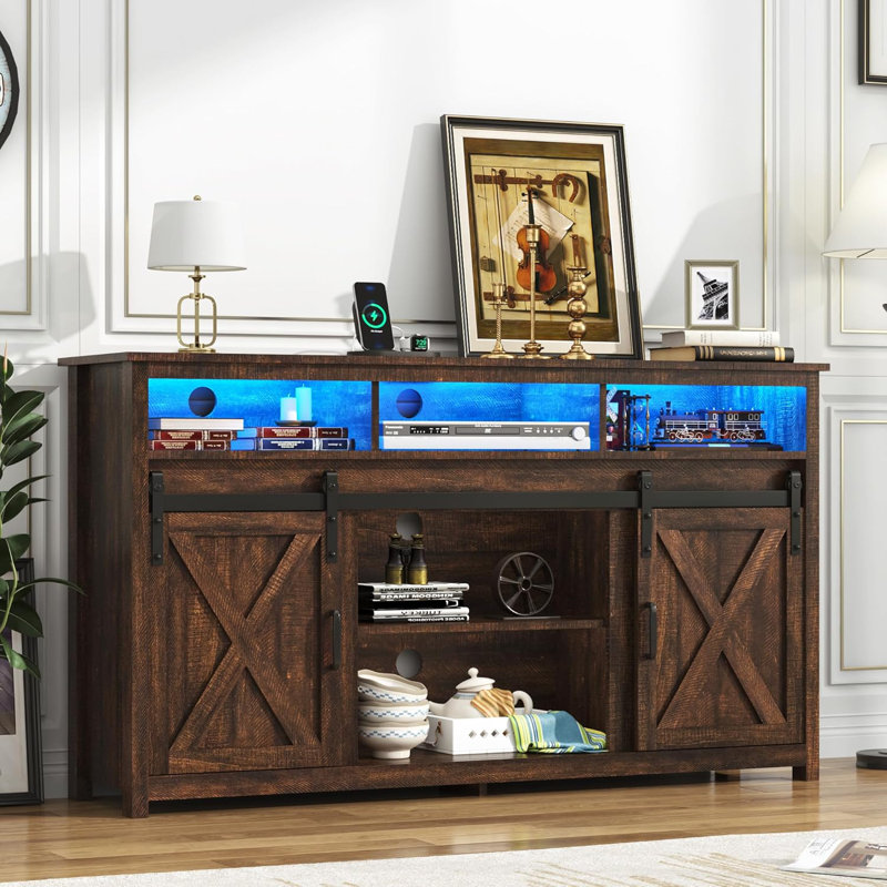57” Wooden Farmhouse TV Stand for 60/65 inch TV,Double Layer Storage Entertainment Center TV Console Table,w Double-Row Sockets and 2 Sliding Barn Door,Media Cable Box