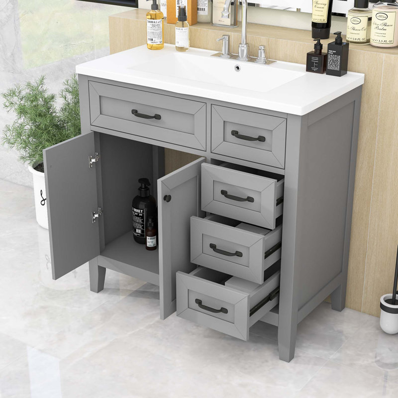 Ensemble de meuble-lavabo simple autoportant avec comptoir en céramique et grand rangement Cliftina, Gris